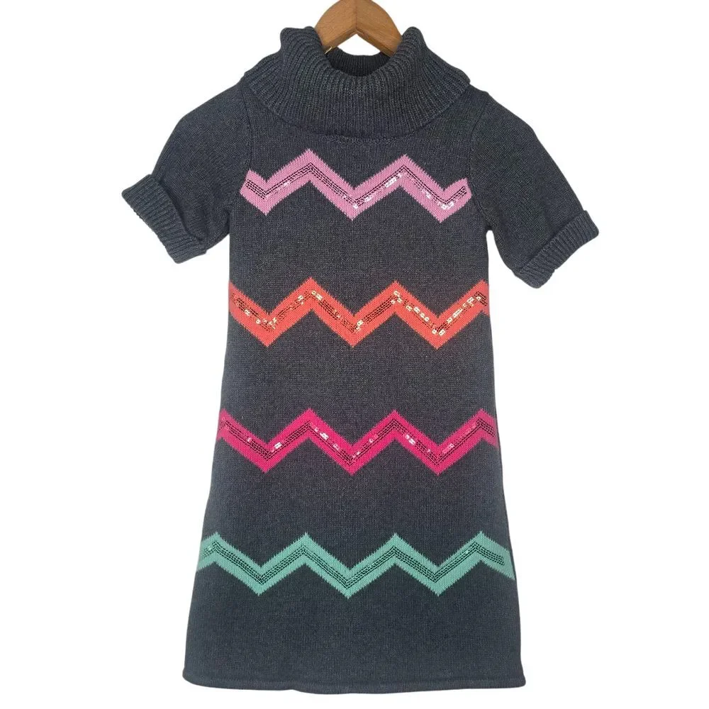 Gymboree Sweater Dress Kids 9 Gray Sequin Chevron Cowl Preppy Holiday Sparkle‎
